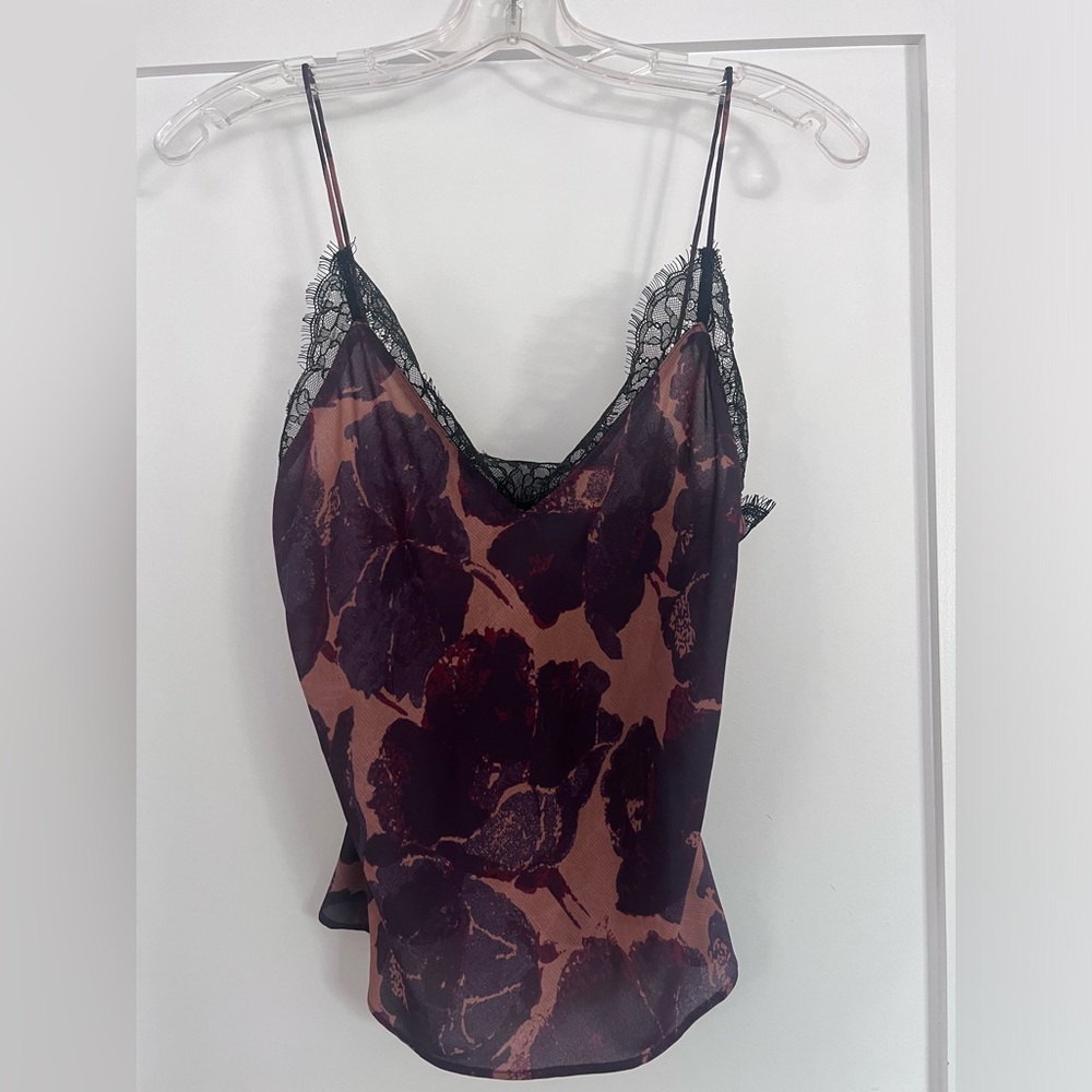 STAUD V-neck slip tank with a delicate lace trim at the neckline. Size Small.